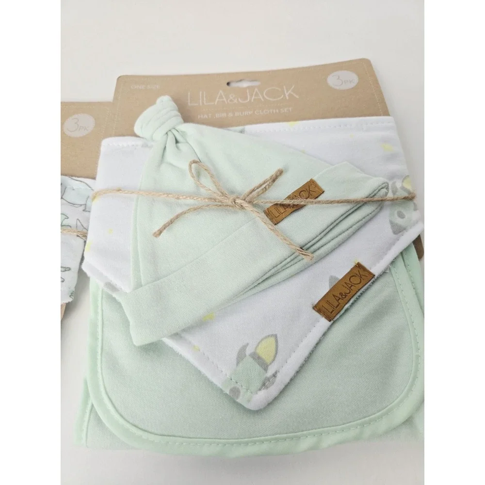 Lila &‎ Jack Set 3 pack x 2 Hat/Bib/ Burp Cloth set NEW blue green rocket dino